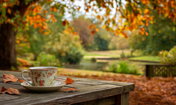 Beautiful autumn landscape with hot cup of tea