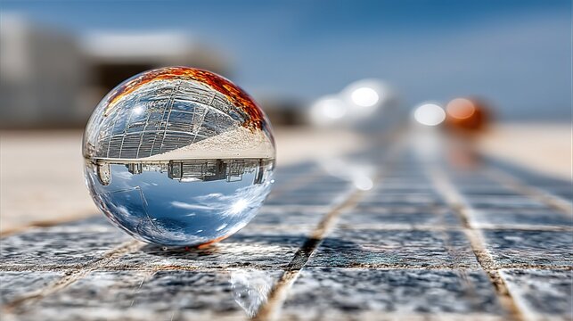 Crystal Lensball Resting on Sunny Outdoor Stone Pavement, Reflecting Industrial Architecture and Blue Sky, Low-Angle Perspective with Soft Bokeh Background
