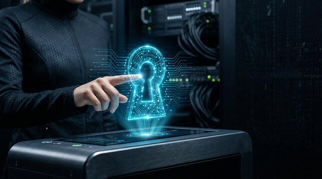 Cybersecurity framework trustworthy ai keylock concept in server room with hand touch digital keyhole