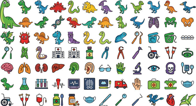 Cute Dinosaur and Medical Icon Collection Featuring Cartoon Prehistoric Animals and Healthcare Symbols in Colorful Vector Style