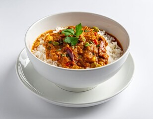 Fototapeta premium South Asian curry with white rice, garnished with cilantro, green pods, and red chilies in a white bowl on an isolated background
