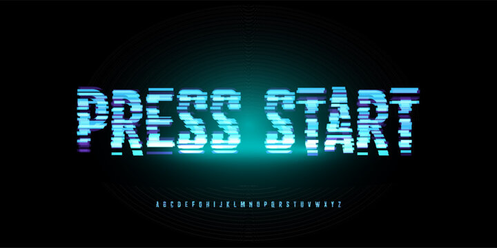 Digital Glitch Font Logo Alphabet Button, Turquoise Neon Glowing Light Future Noise Effect Letter Signs Set, Computer Game Typographic Design, Interface Headline Press Start Text. Vector Typeset