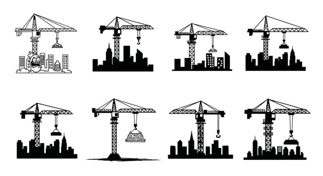 Industrial construction crane silhouettes with urban city skyline background in black and white vector art.
