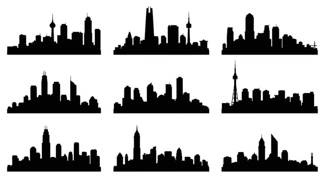 Set of nine black silhouettes of various modern city skylines.