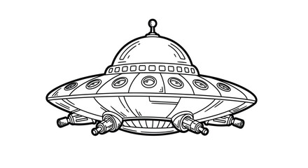 Vintage sketch of a classic flying saucer ufo with detailed landing gear © MHB_STUDIO