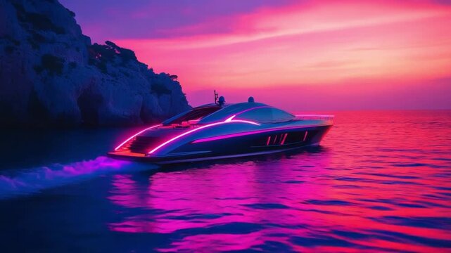 A stunning luxury yacht with vibrant neon lights sailing at sunset over calm waters, perfect for showcasing luxury and relaxation in stunning settings. Generative AI