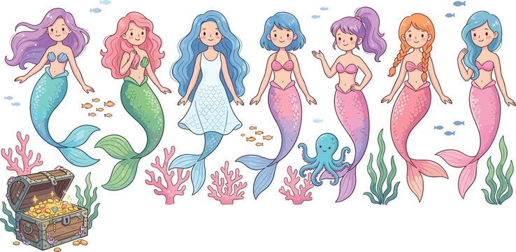 Cute Mermaid Character Collection Featuring Fantasy Sea Princesses, Coral and Ocean Elements in Pastel Cartoon Vector Style
