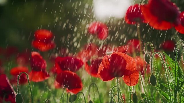 Red poppies in gentle summer rain