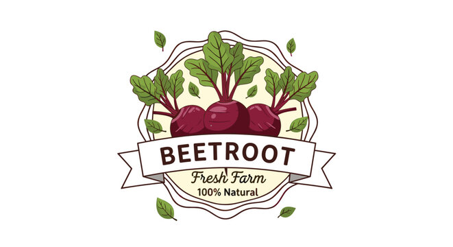 Vintage style beetroot farm label with an illustration of three red beets with green leaves and a ribbon with the text one hundred percent natural.