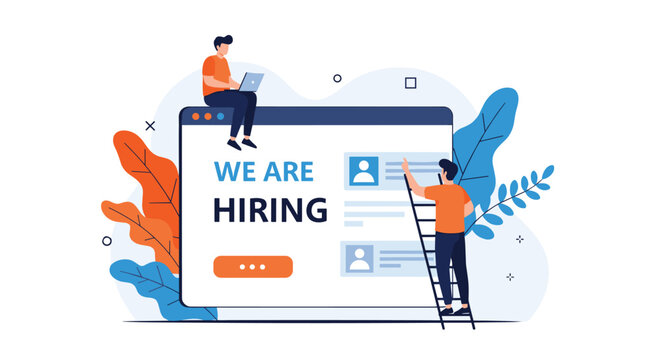 Modern flat illustration for a we are hiring recruitment campaign with people working around a large web browser screen with profile avatars.