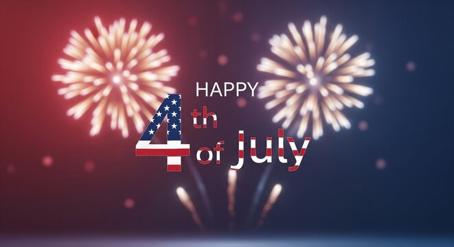 Happy Fourth of July text with American flag elements and fireworks exploding in a dark night sky with red and blue light effects, celebratory graphic design for Independence Day.