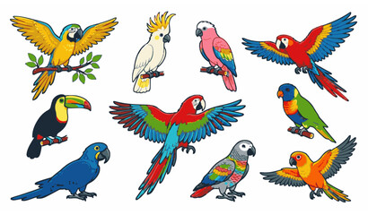 Colorful tropical parrot cartoon vector set with exotic feathered birds isolated on white © MstLutfa