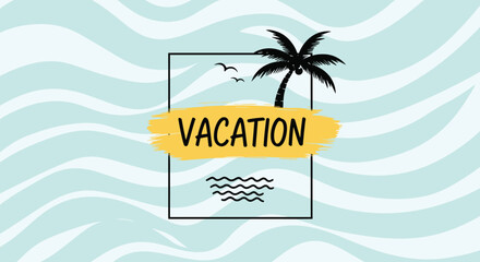 Obraz premium Tropical vacation themed graphic with a palm tree flying birds and ocean waves inside a rectangular frame on a light teal wavy background pattern.