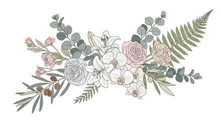 Delicate floral arrangement with eucalyptus and fern leaves. © wardani