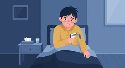 Obraz premium Feeling Unwell Person Measuring Temperature in Bed During Night, Vector Illustration