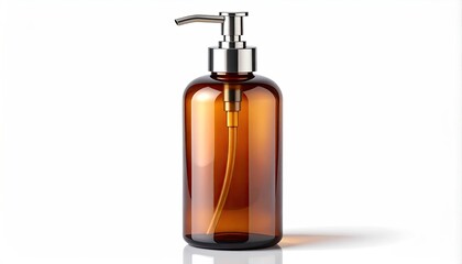 Fototapeta premium Amber pump dispenser bottle with metallic silver nozzle, isolated on white