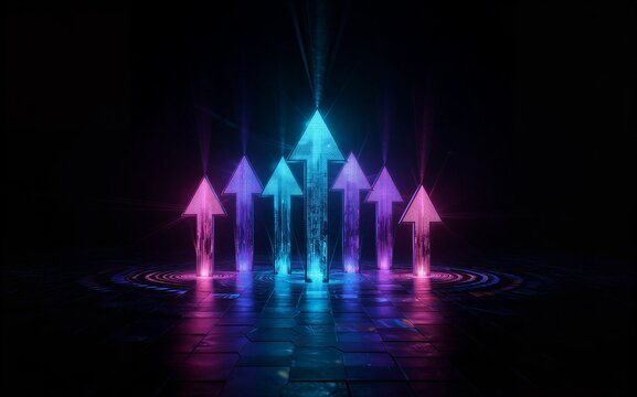 Neon arrows glow brightly symbolizing progress and direction in a