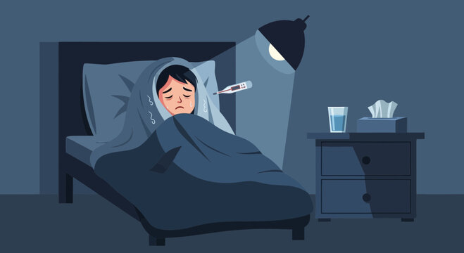 Feeling Unwell Person Resting In Bed, Body Temperature Checked, Symptoms of Illness