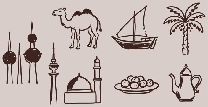Collection of Middle Eastern cultural symbols including a camel, dhow boat, palm tree, mosque, and Kuwait Towers.
