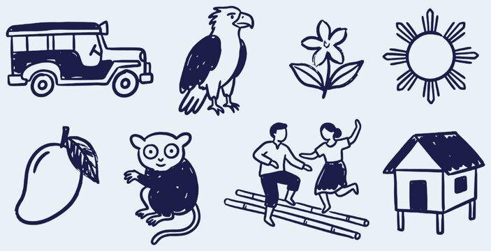 Collection of Philippine Cultural Icons and Symbols in a Simple Doodle Style.