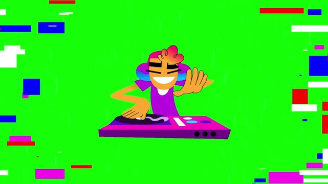 Cartoon DJ Scratching Record on Turntable with Glitch Effects on Green Screen Background