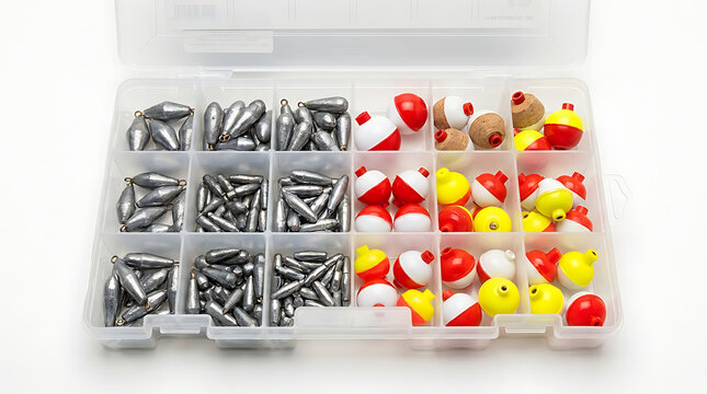 A transparent tackle box filled with assorted fishing sinkers, weights, and colorful bobbers for angling preparation