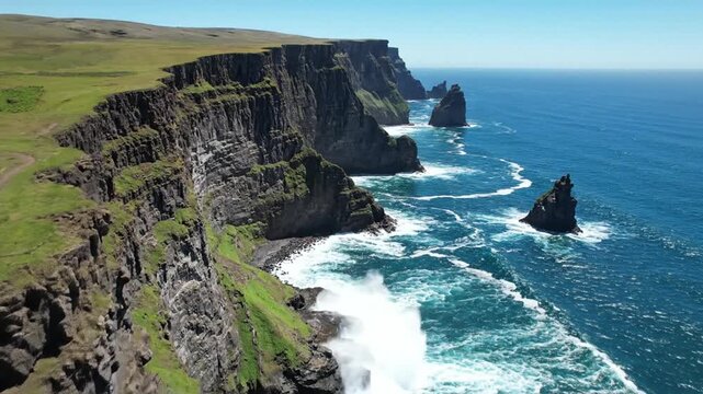 Aerial View Of The Cliffs Of Moher And Rugged Irish Coastline Under A Clear Blue With White Waves Crashing Against The Rocks