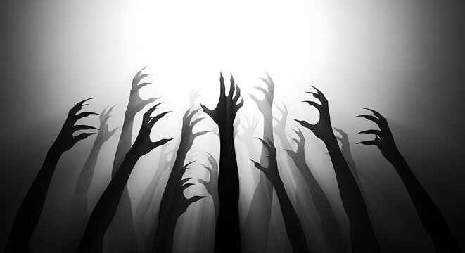 Creepy zombie monster hands reaching upwards out of the dark fog towards the light