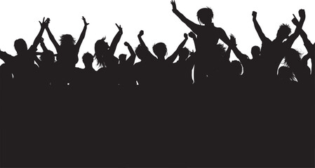 A vibrant vector illustration of a silhouettes crowd dancing at a music festival disco club as a DJ performs on stage for a youth party celebration flyer design © ARIEN