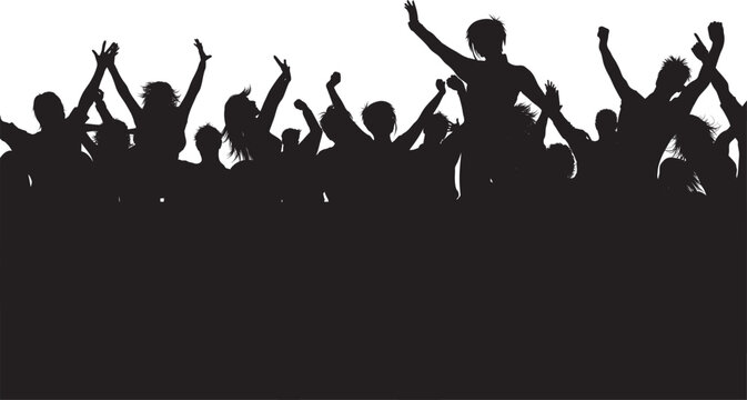A vibrant vector illustration of a silhouettes crowd dancing at a music festival disco club as a DJ performs on stage for a youth party celebration flyer design