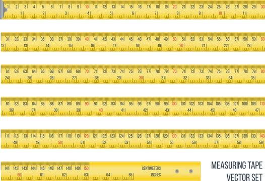 A yellow plastic measuring tape tool with centimeter and inch scales is isolated on white as a professional instrument for length measurement