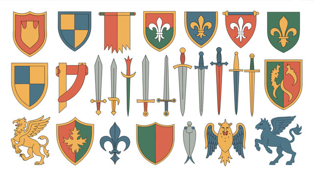 Heraldic elements collection including shields swords banners and mythical creatures vector illustration high quality professional detailed