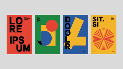Set of five colorful abstract geometric posters with typography on a white background high quality professional © rocky