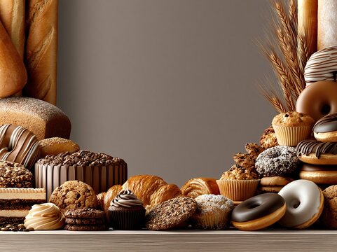 Large collection of assorted baked goods including bread donuts muffins cookies cakes and croissants arranged neatly on wooden shelf against neutral wall