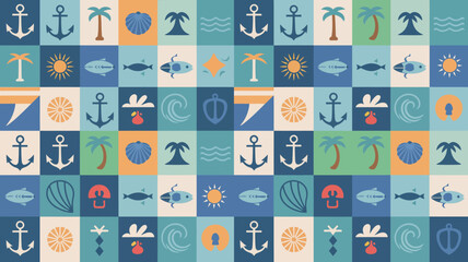 Nautical pattern with anchors palm trees fish and marine life colorful vector illustration high quality professional © rocky