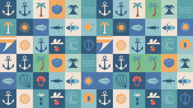 Nautical pattern with anchors palm trees fish and marine life colorful vector illustration high quality professional