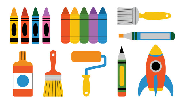 Colorful art supplies collection including crayons paint brushes and a rocket ship illustration high quality professional