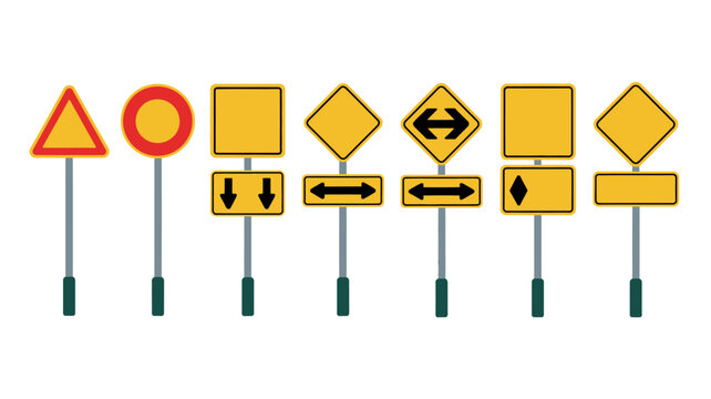 Collection of yellow road signs with poles on a white background traffic symbols high quality professional