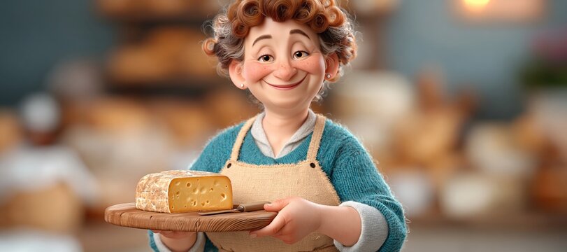 Cheese monger presenting cheese on wooden board with warm smile