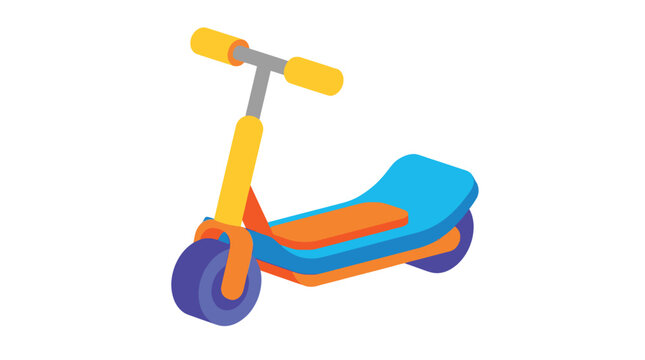 Vibrant 3d rendered kick scooter icon with bright yellow handlebars blue deck and orange accents isolated on a clean white background representing urban mobility and active
