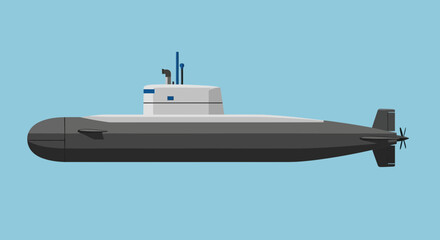 Modern Submarine Illustration - Underwater Naval Vessel on Blue Background © aqwel