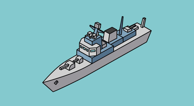Modern Warship illustration, naval vessel, military escort ship, isometric view