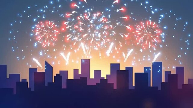Stylized Independence Day artwork with glowing fireworks and clean modern skyline composition