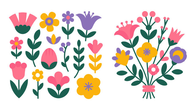Colorful floral collection and bouquet flat vector illustration with white background high quality professional detailed modern