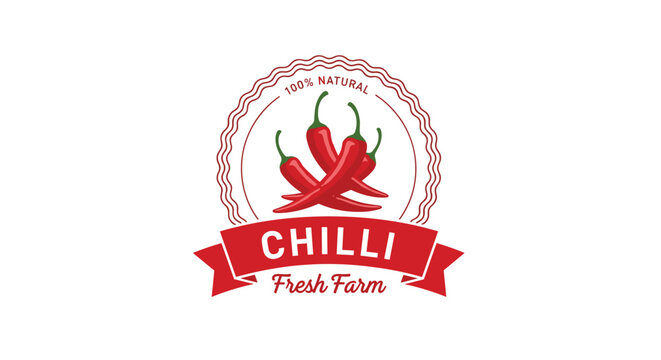 Spicy chilli fresh farm label featuring a cluster of red hot peppers inside a decorative circular frame.