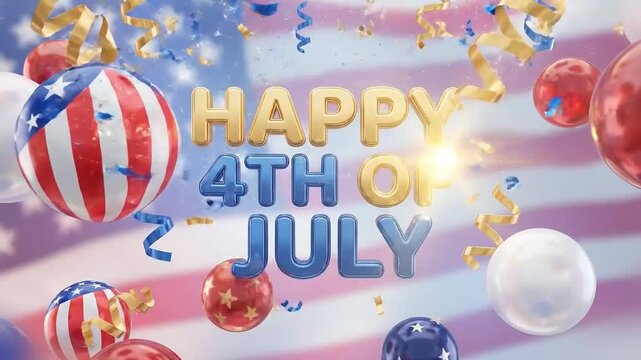 Happy 4th of July glossy 3D illustration with floating patriotic spheres and soft reflections