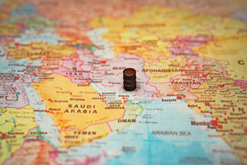 Naklejka premium Oil barrel on Iran map near Strait.