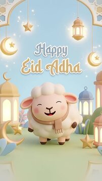 Whimsical Eid Adha greeting illustration with cartoon style sheep stars lanterns and pastel Islamic design