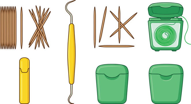 Dental Hygiene Tool Set Featuring Toothpicks, Floss Containers and Plaque Removal Pick in Flat Vector Style