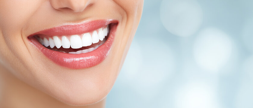 Close up of smiling mouth with white teeth and glossy lips on soft background. Healthy dental aesthetics with natural smile and clean bright teeth in beauty concept
